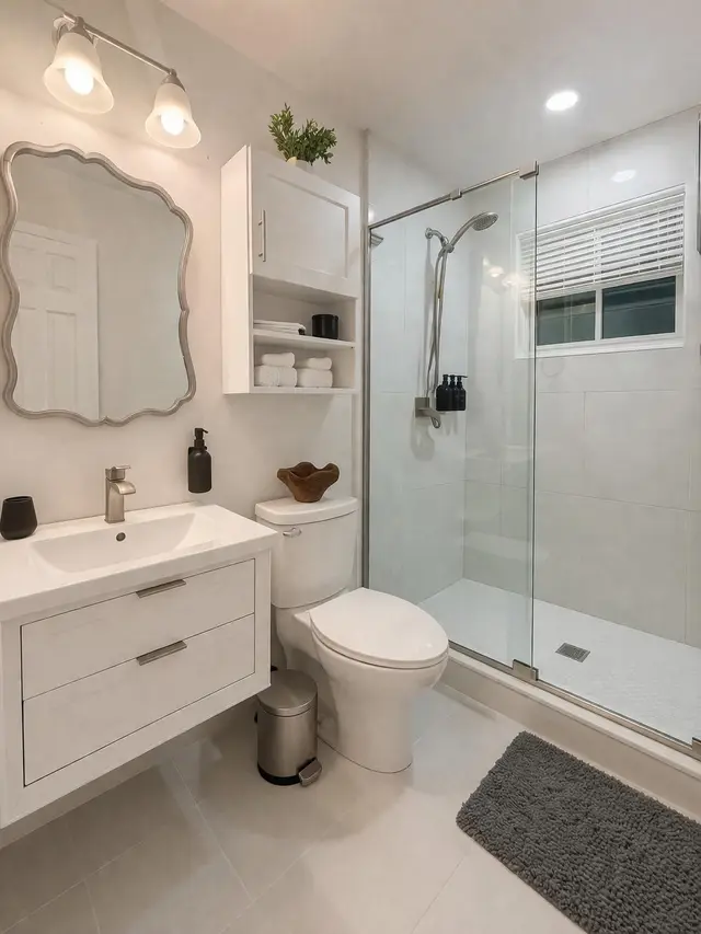 Bathroom at Even Keel with a glass walk-in shower and a white vanity