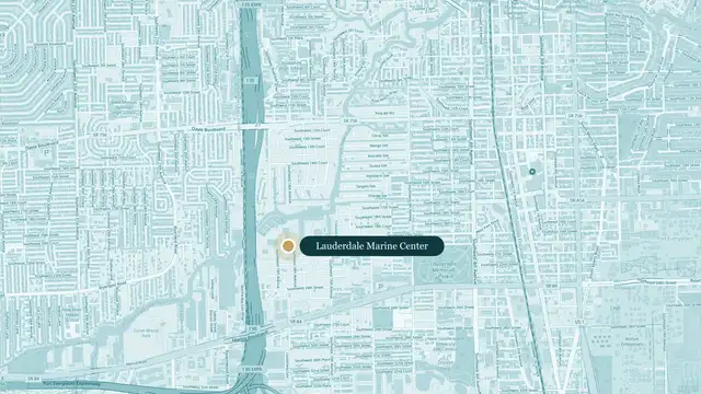 Map of south-west Fort Lauderdale with Lauderdale Marine Center marked on the South Fork of the New River, near Marina Mile (State Road 84) and I-95